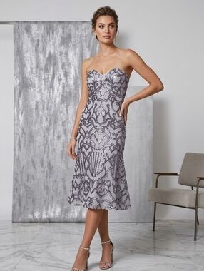 Bariano Fit & Flare Cocktail Sequin Dress Strapless Gray & Silver